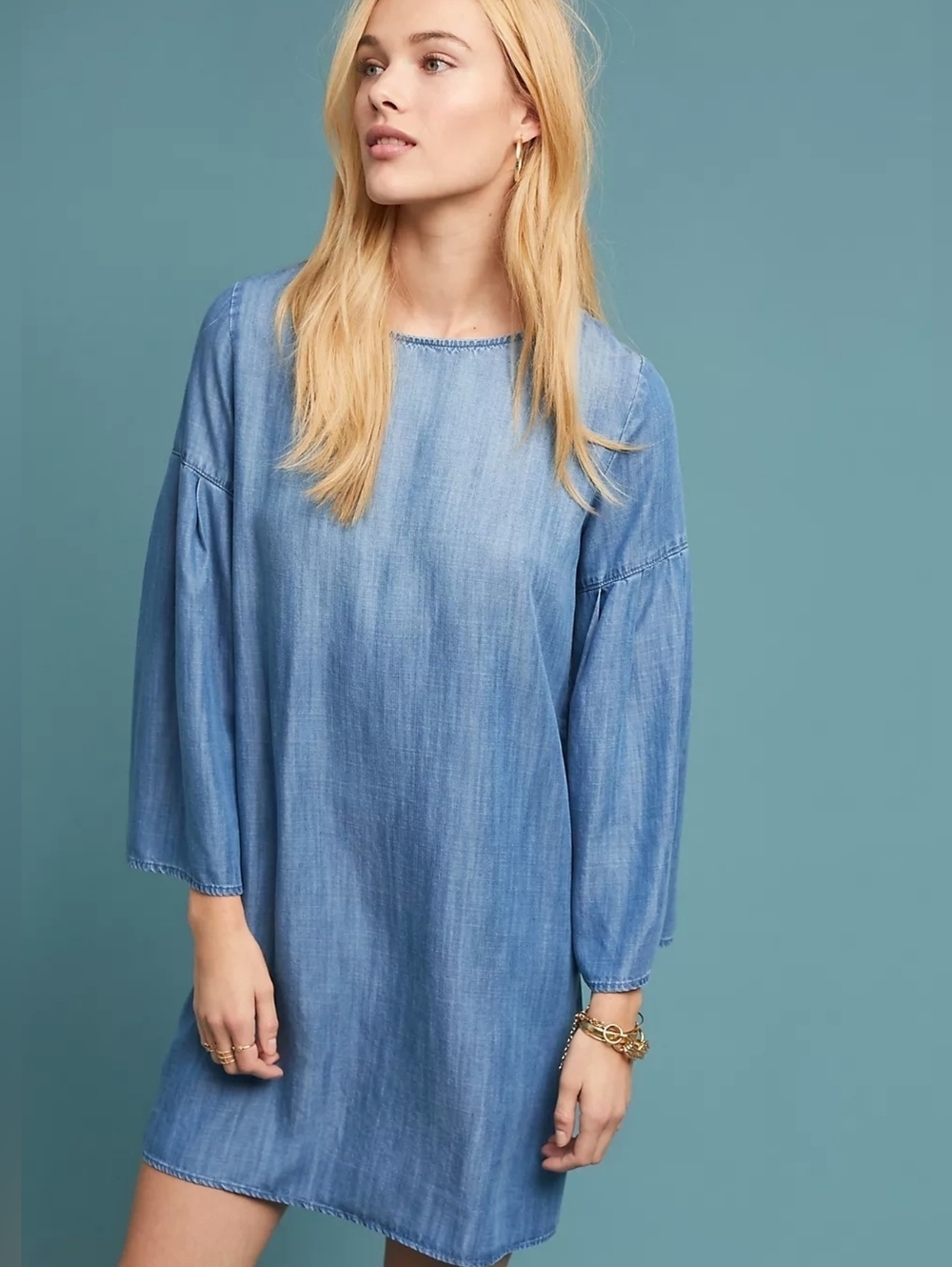 Anthropologie Cloth & Stone Chambray Shift Tie Back Mini Dress - Size Small